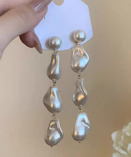 Elegant White Alloy Pearl Tassel Drop Earrings