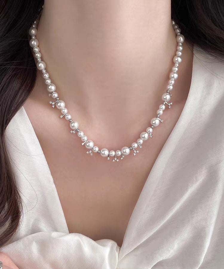 Elegant White Alloy Zircon Pearl Beading Gratuated Bead Necklace