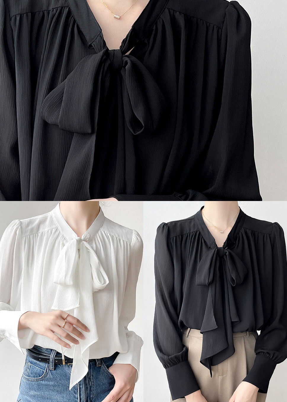 Elegant White Bow Draping Chiffon Tops Spring