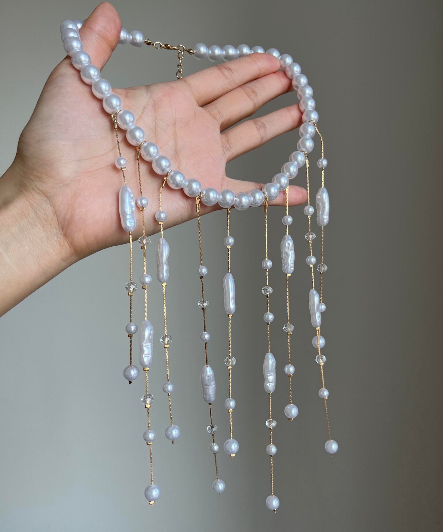 Elegant White Copper Overgild Asymmetrica Pearl Tassel Lariat Necklace