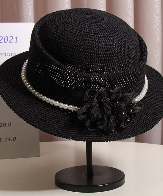 Elegant White Floral Nail Bead Straw Woven Bucket Hat