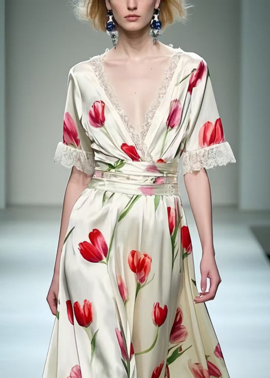 Elegant White Floral Print Patchwork Lace Long Dress Summer