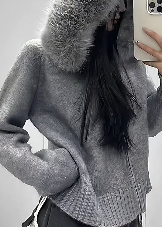 Elegant White Fur Collar Zippered Solid Knit Coats Winter