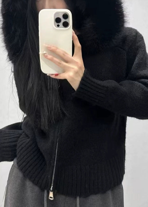 Elegant White Fur Collar Zippered Solid Knit Coats Winter