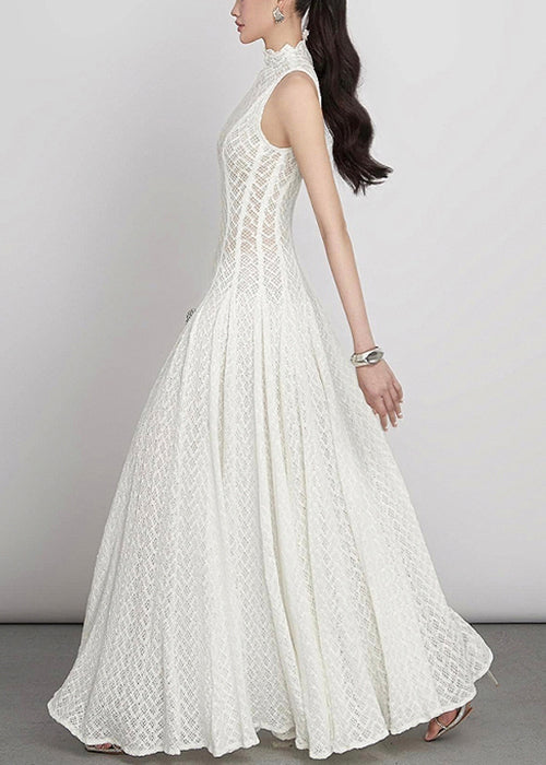 Elegant White Hollow Out Solid Lace Maxi Dress Sleeveless