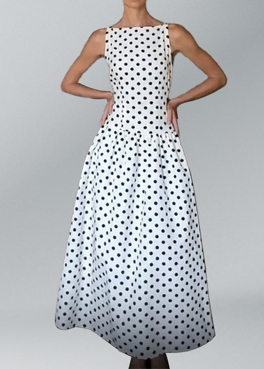 Elegant White O Neck Dot Print Cotton Long Dresses Sleeveless