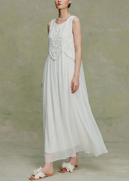 Elegant White O Neck Embroidered Silk Maxi Dress Sleeveless