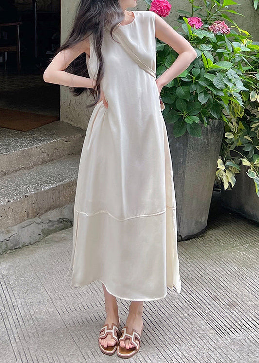 Elegant White O-Neck Side Open Silk Long Dress Sleeveless