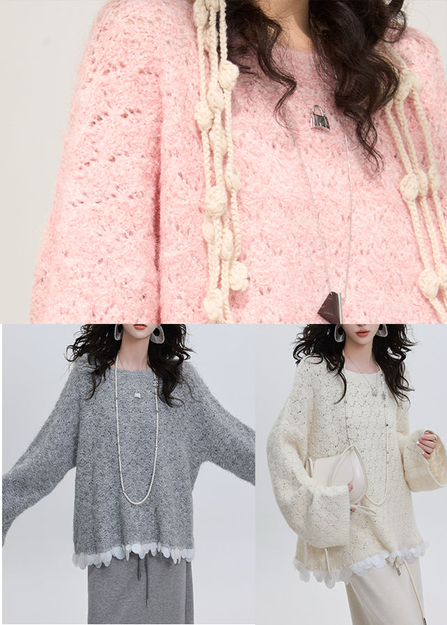 Elegant White Oversized Patchwork Knit Short Sweater Winter