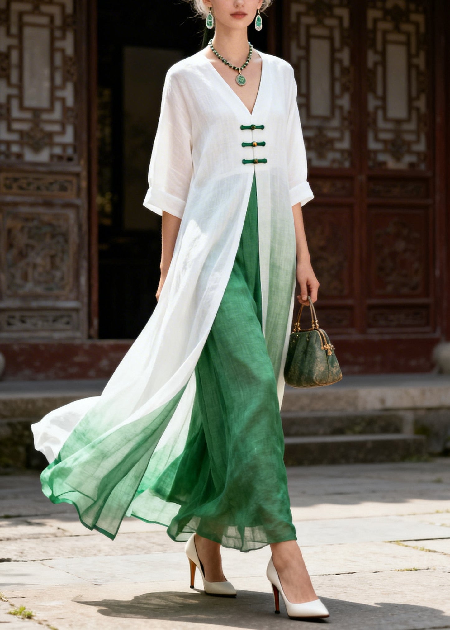 Elegant White Patchwork Chinese Button Cotton Oriental Dresses Summer