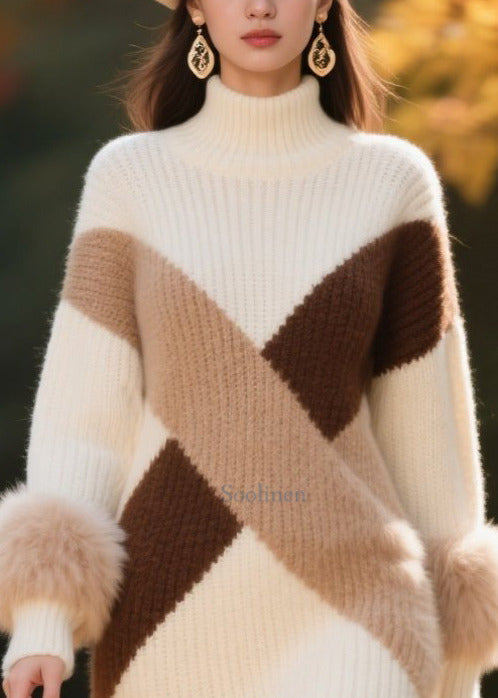 Elegant White Patchwork Faux Fur Knitwear Dress Turtle Neck Winter
