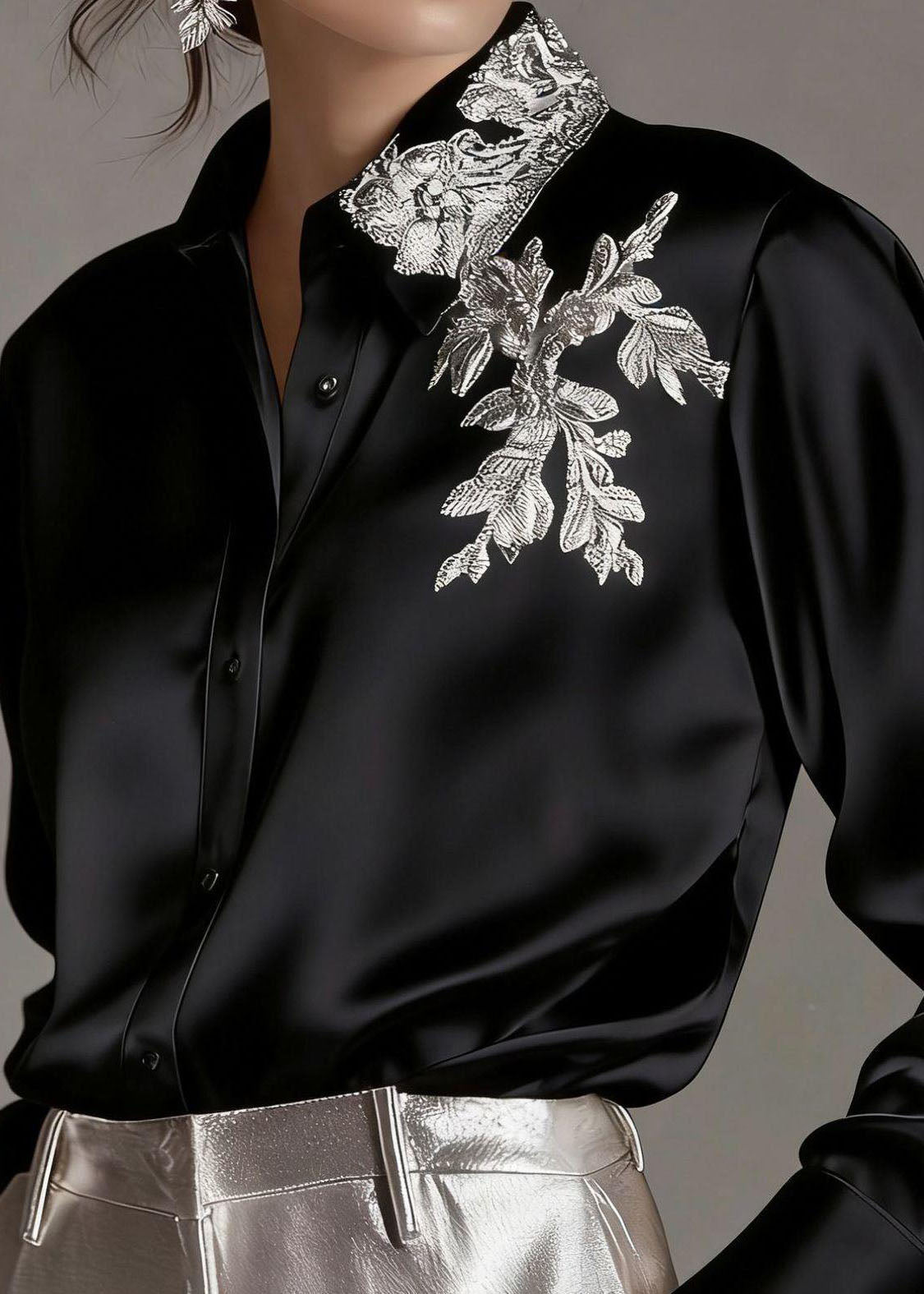 Elegant White Peter Pan Collar Embroidered Silk Shirt Top Long Sleeve