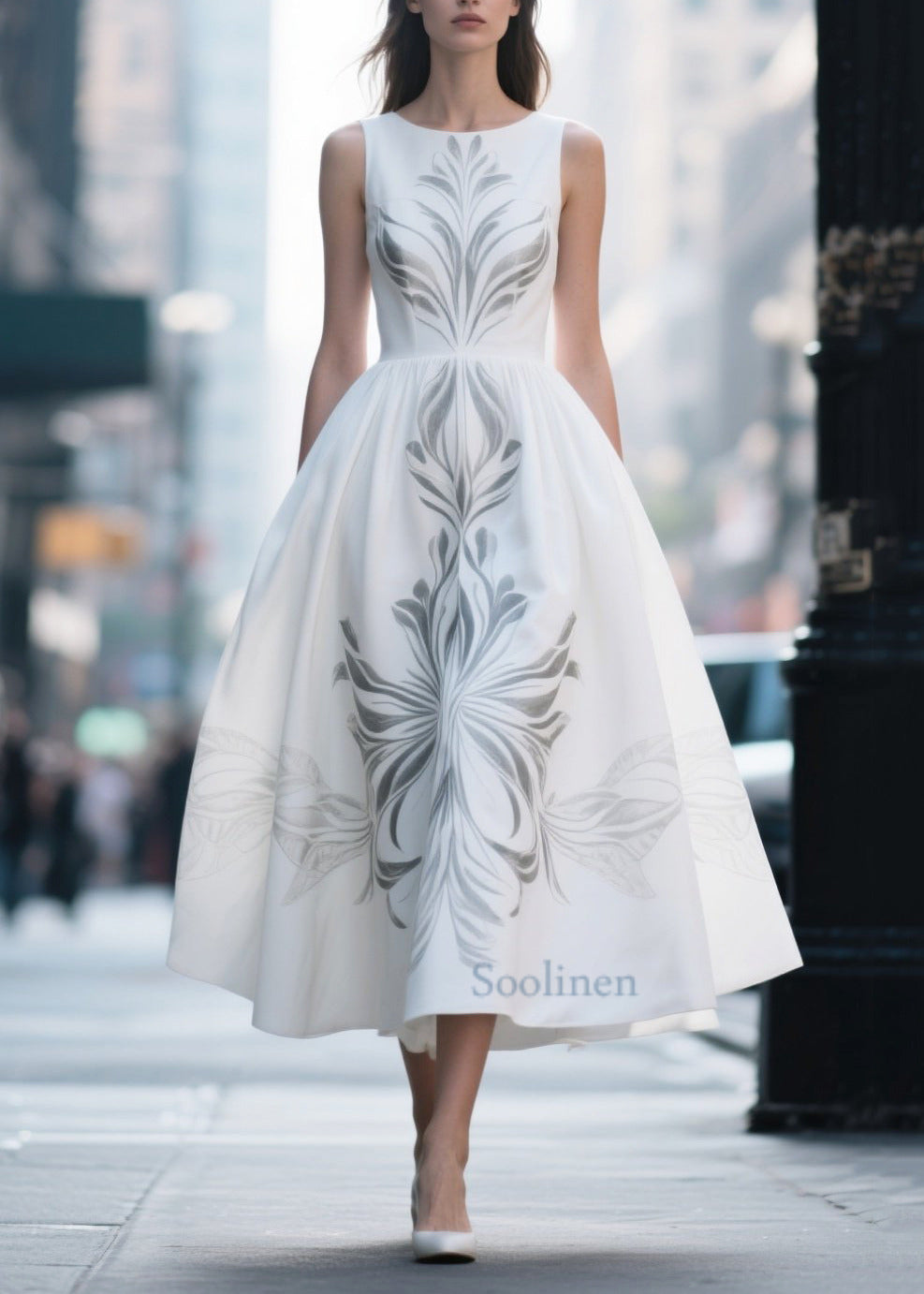 Elegant White Print Exra Large Hem Silk Cotton Dress Summer