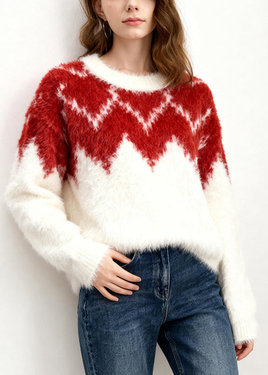 Elegant White Red Patchwork O-Neck Print Cotton Knitted Sweater Long Sleeve
