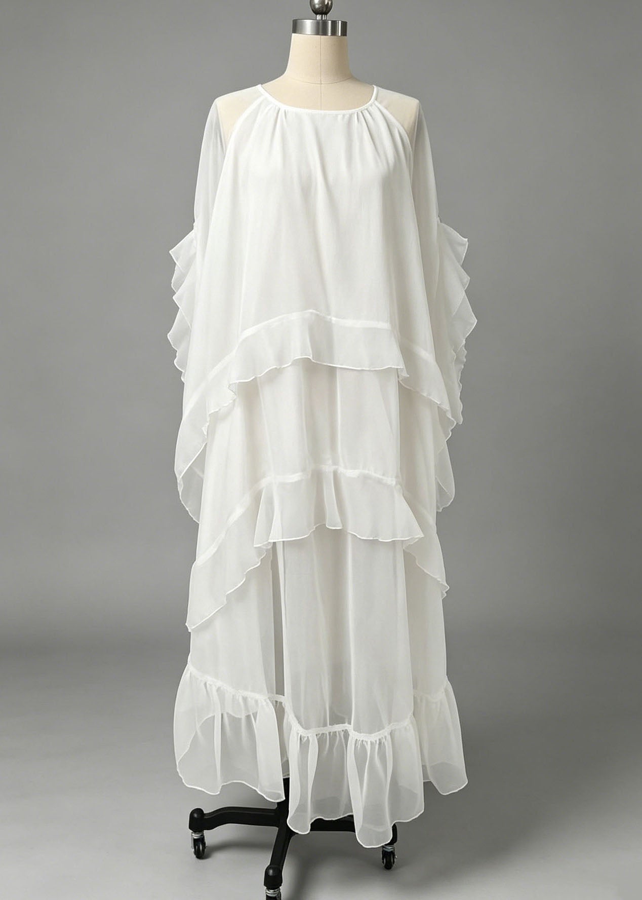 Elegant White Ruffled Patchwork Maxi Dress Lantern Sleeve