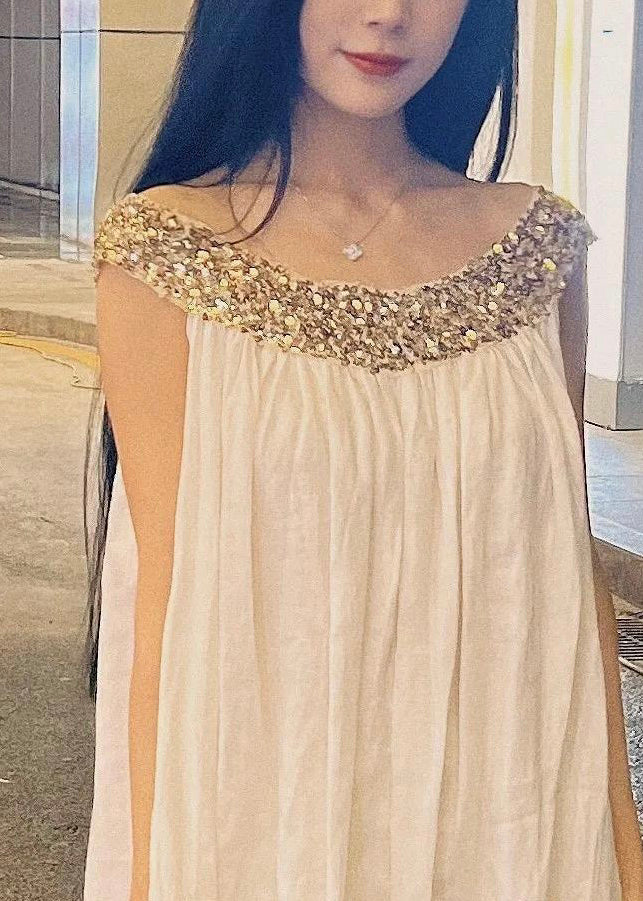 Elegant White Sequins Patchwork Cotton Long Dress Sleeveless