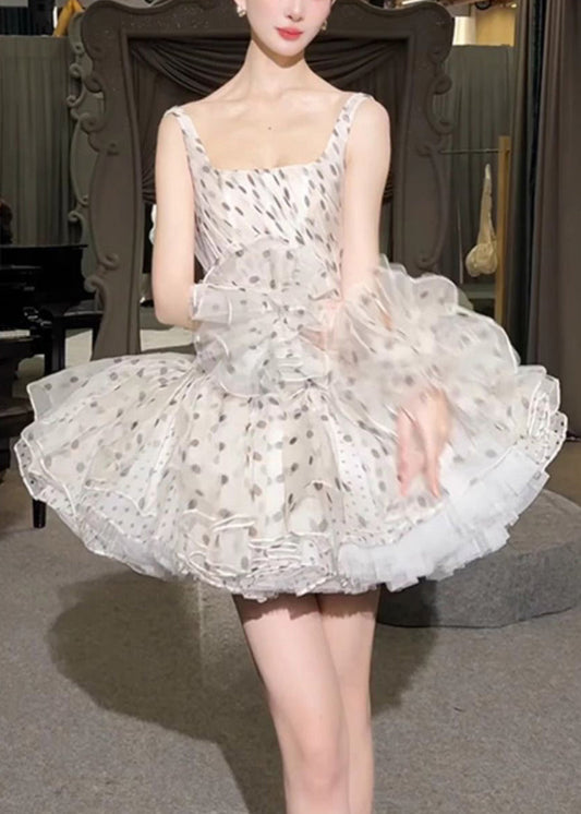 Elegant White Square Collar Dot Chiffon Mini Dresses Sleeveless