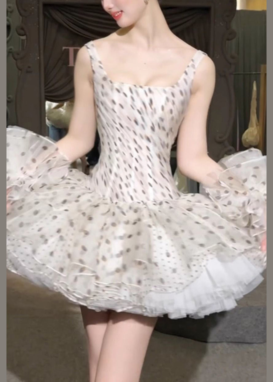 Elegant White Square Collar Dot Chiffon Mini Dresses Sleeveless