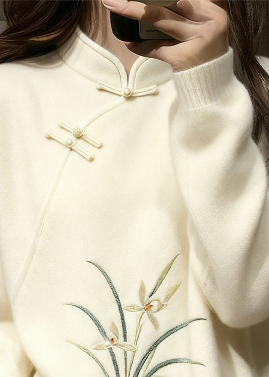 Elegant White Stand Collar Button Orchid Knit Sweaters Winter