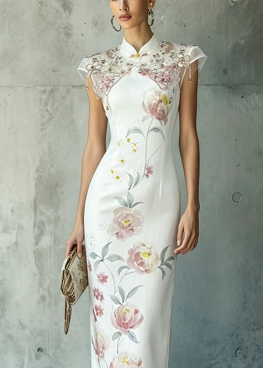 Elegant White Stand Collar Print Oriental Button Chiffon Dress Summer