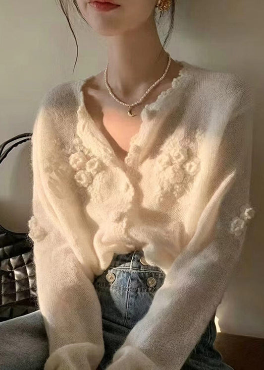 Elegant White Stereoscopic Floral Knit Cardigan Fall