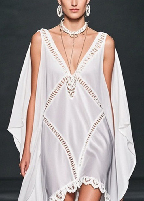 Elegant White V Neck Hollow Out Low High Design Chiffon Dresses Summer
