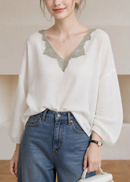 Elegant White V Neck Lace Patchwork Tops Lantern Sleeve
