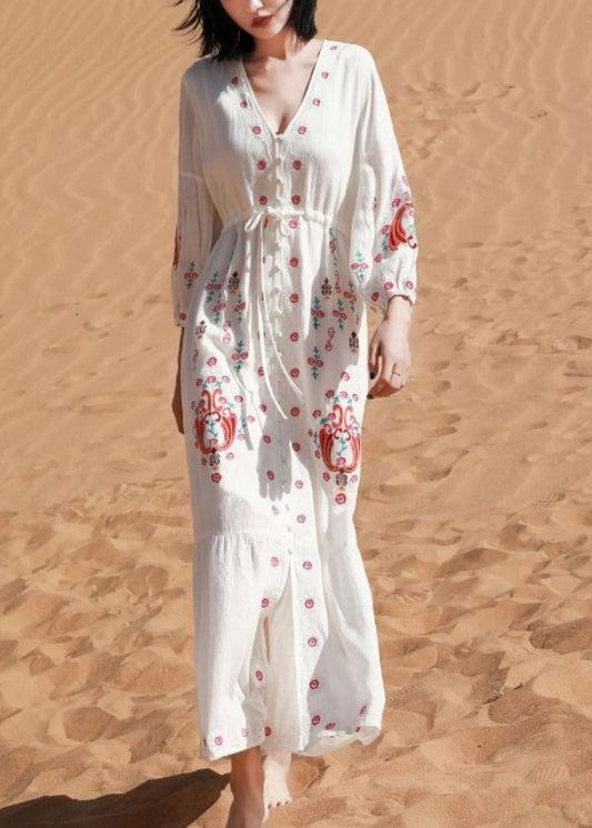 Elegant White V Neck Print Tie Waist Cotton Shirts Dresses Spring