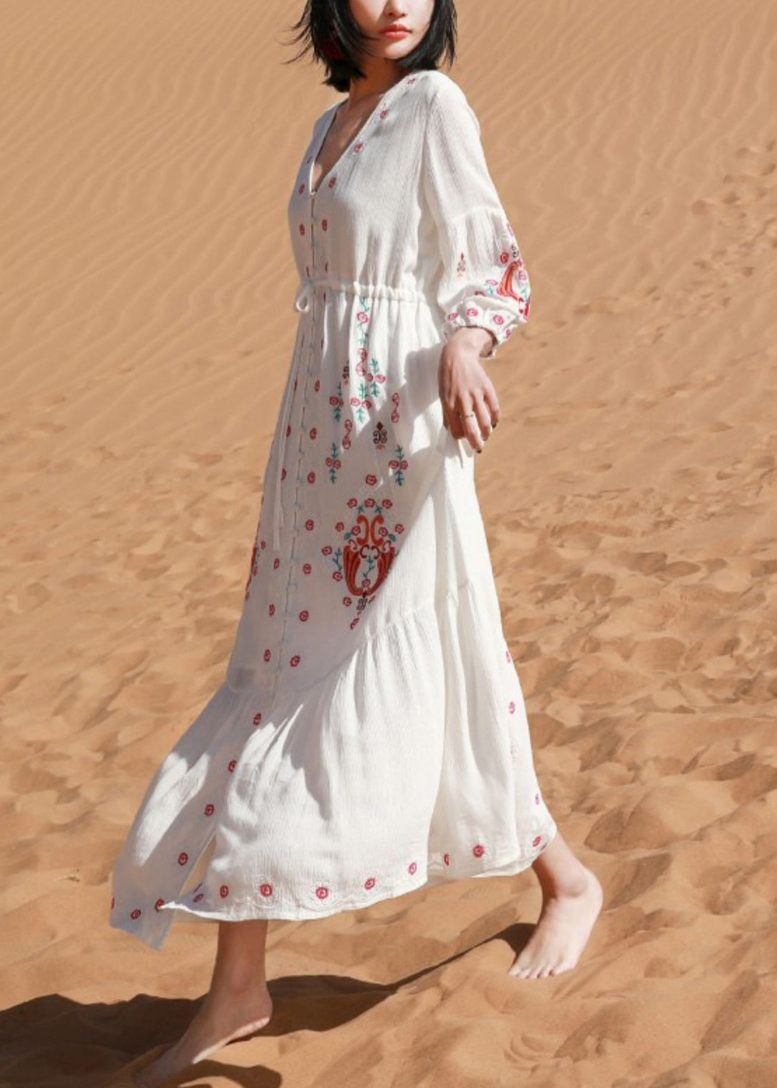 Elegant White V Neck Print Tie Waist Cotton Shirts Dresses Spring