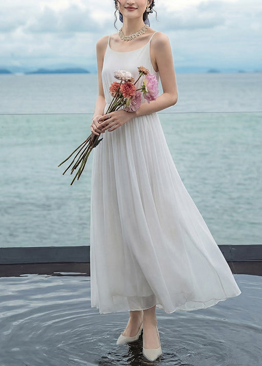 Elegant White Wrinkled Patchwork Chiffon Spaghetti Strap Dress Summer