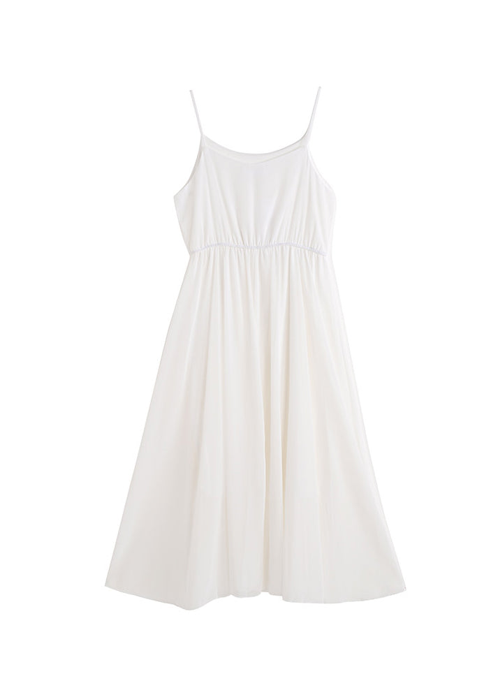 Elegant White Wrinkled Patchwork Chiffon Spaghetti Strap Dress Summer