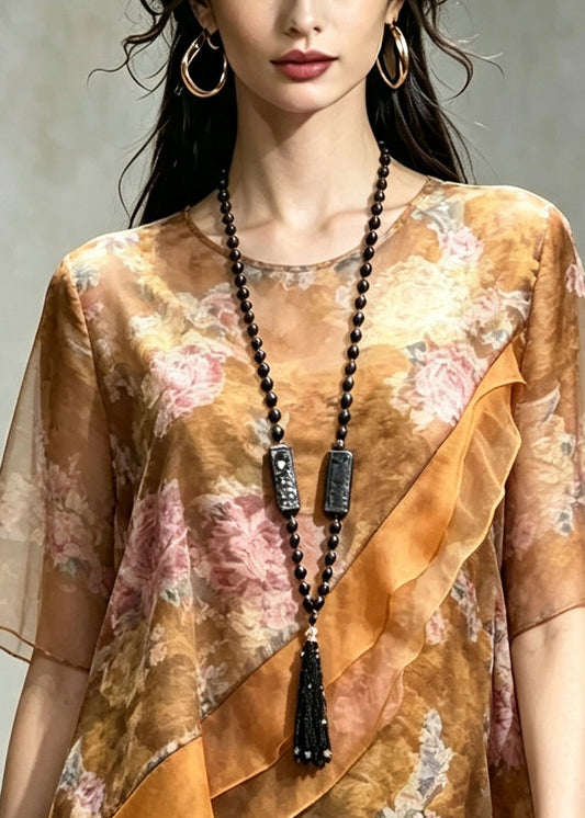 Elegant Yellow Asymmetrical Patchwork Chiffon Top Summer