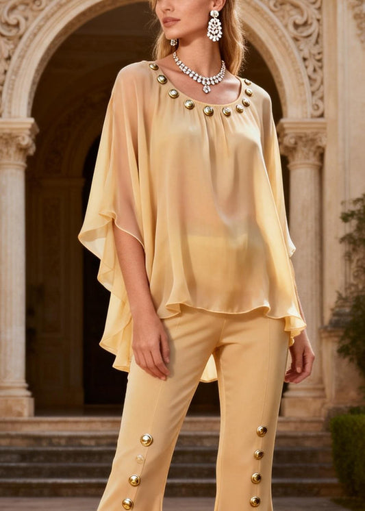 Elegant Yellow O-Neck Rivet Chiffon Top And Flared Trousers Two Piece Set Flare Sleeve