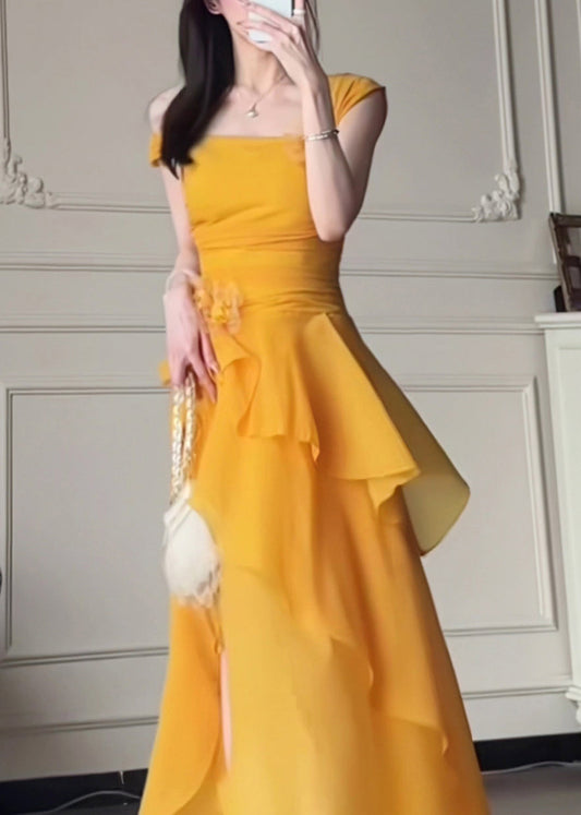 Elegant Yellow One Shoulder Asymmetrical Patchwork Solid Long Dress Summer