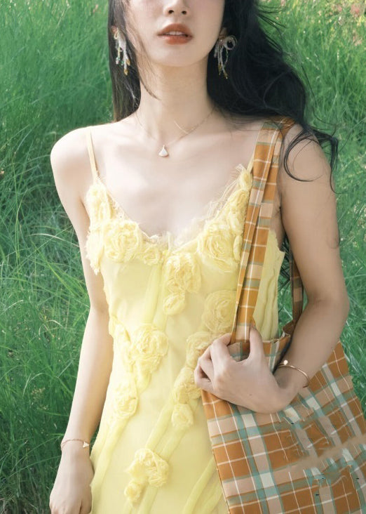 Elegant Yellow V Neck Floral High Waist Spaghetti Strap Dress Sleeveless