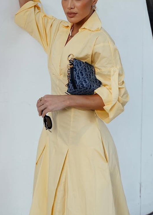 Elegant Yellow V Neck Zippered Solid Cotton Shirts Dress Half Sleeve