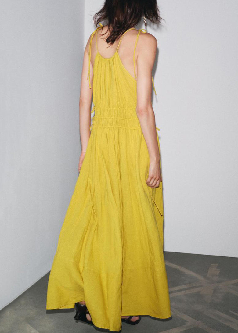 Elegant Yellow Wrinkled Lace Up Linen Spaghetti Strap Dress Sleeveless