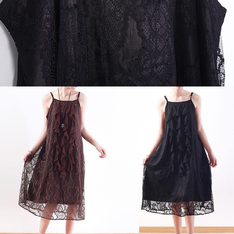 Elegant black Lace Tunics Fine design sleeveless Art summer Dresses - SooLinen