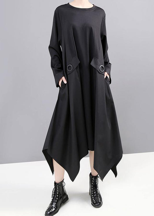 Elegant black cotton tunic dress asymmetric A Line fall Dress - SooLinen