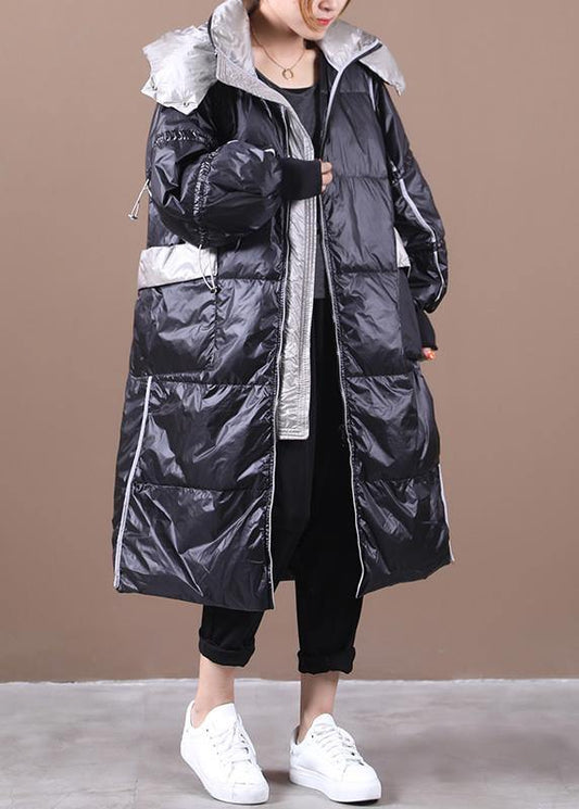 Elegant black down jacket woman plus size hooded patchwork Luxury winter outwear - SooLinen