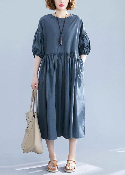 Elegant blue cotton clothes For Women o neck Maxi summer Dresses - SooLinen