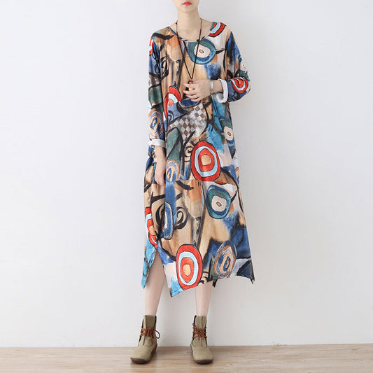 Elegant blue prints cotton dresses plus size clothing side open traveling clothing 2025 o neck kaftans