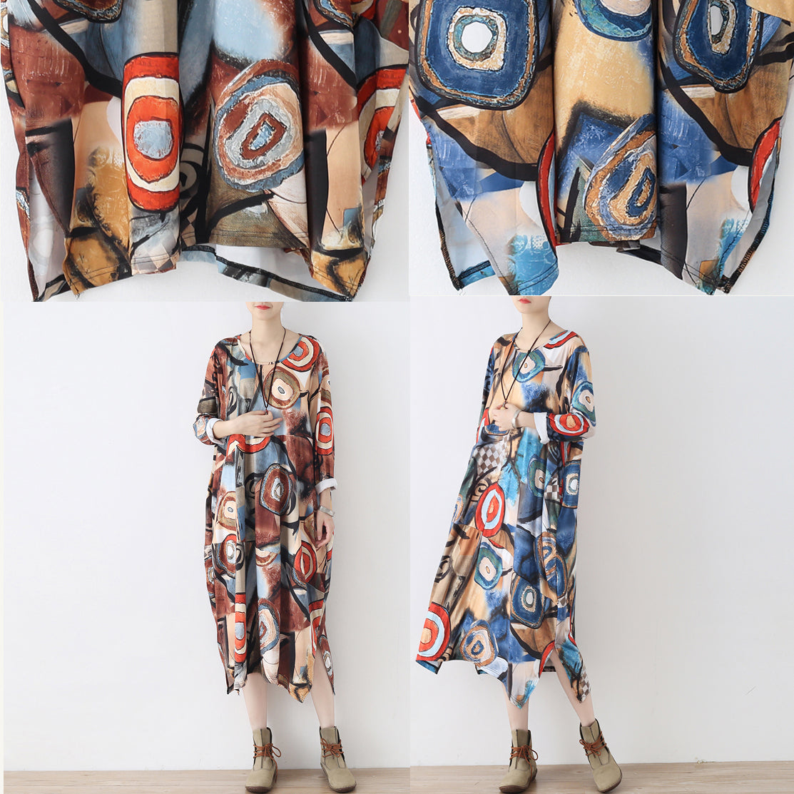 Elegant blue prints cotton dresses plus size clothing side open traveling clothing 2025 o neck kaftans