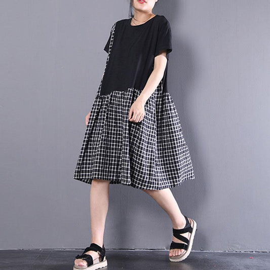 Elegant cotton shift dresses oversized Short Sleeve Plaid Summer Round Neck Black Dress
