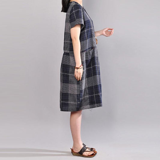 Elegant cotton shift dresses plus size clothing Short Sleeve Casual Plaid Summer Pullover Dress