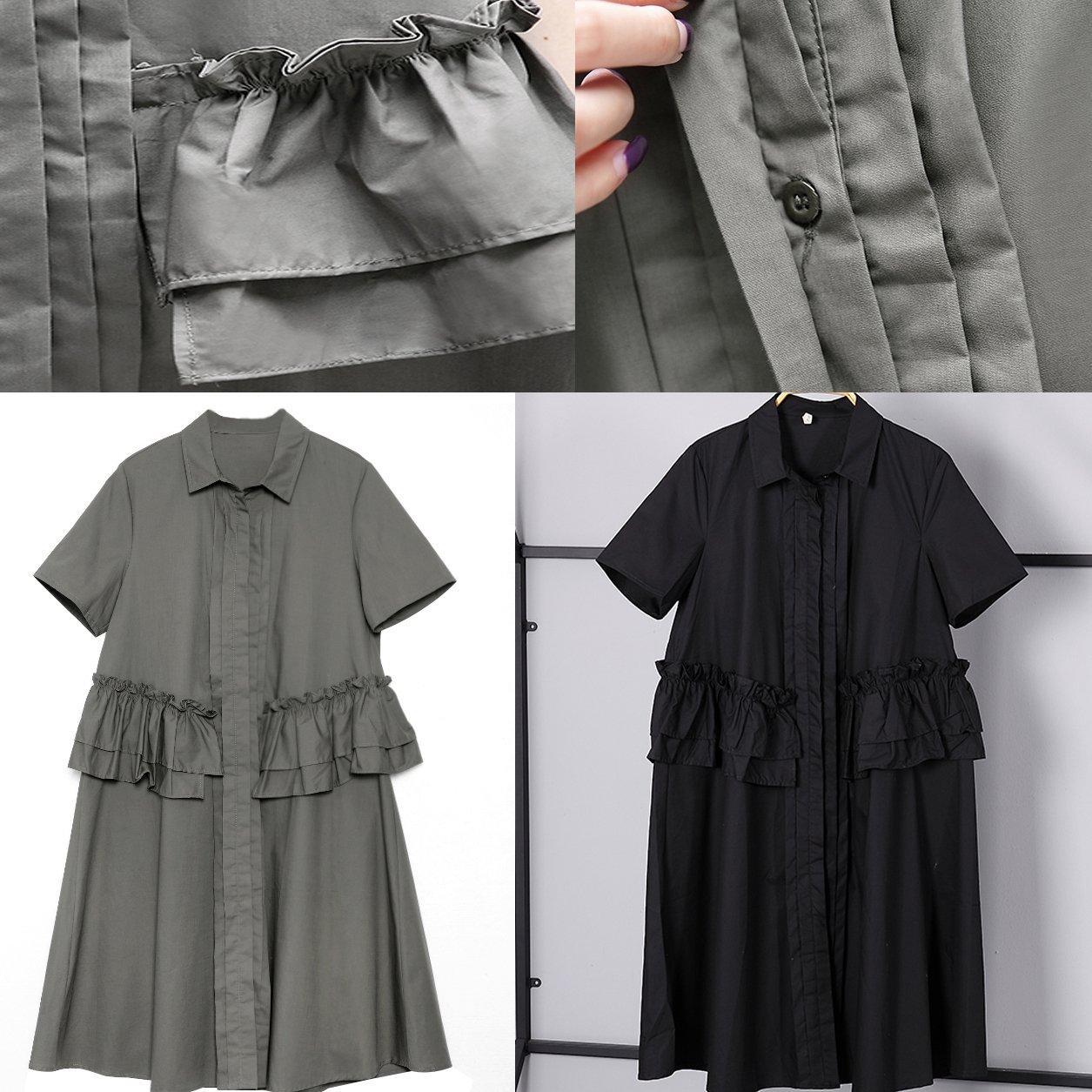Elegant gray green cotton knee dress oversize traveling clothing 2018 lapel collar ruffles cotton clothing dresses