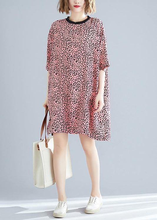 Elegant o neck Batwing Sleeve Cotton blended Korea Neckline pink Leopard daily Dress Summer - SooLinen