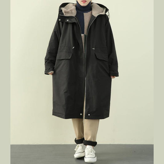 Elegant plus size clothing winter coats black hooded zippered Parkas for women - SooLinen