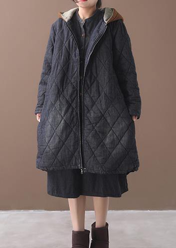 Elegant plus size warm winter coat hooded winter outwear black embroidery casual outfit - SooLinen