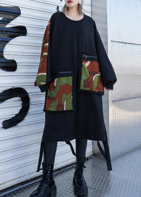 Elegant pockets side open Cotton dresses Shirts black patchwork camouflage Dresses - SooLinen
